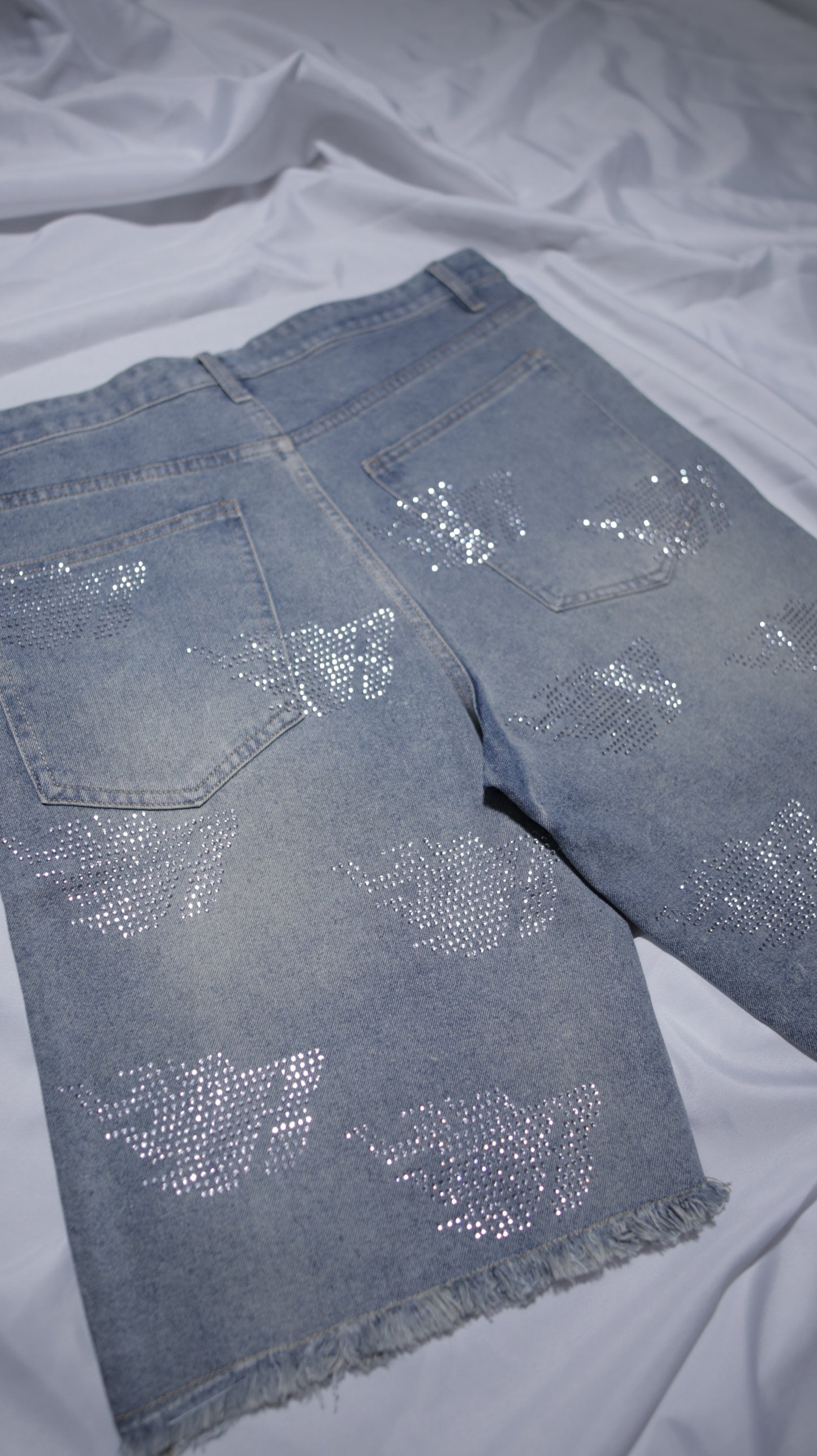 1 of 1 Custom Rhinestone Denim Shorts (34 Waist)